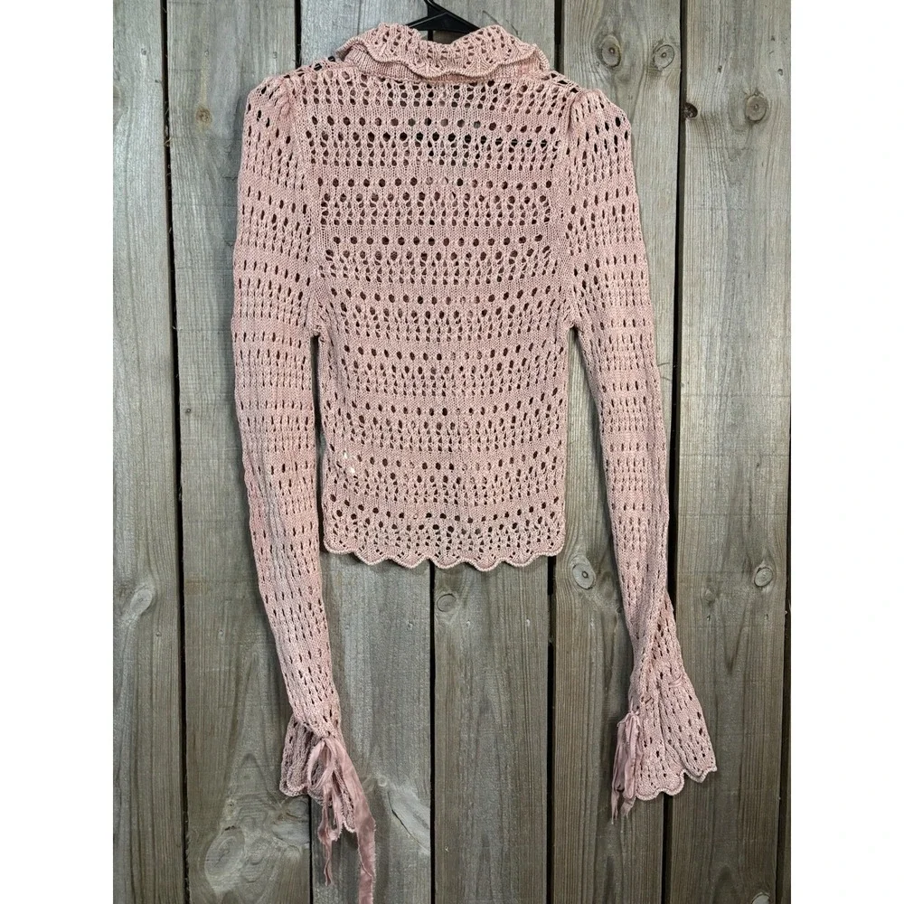 Free People Crochet Knit Button Front Collared Top Pink XS Boho Y2K Sweater - Picture 6 of 6